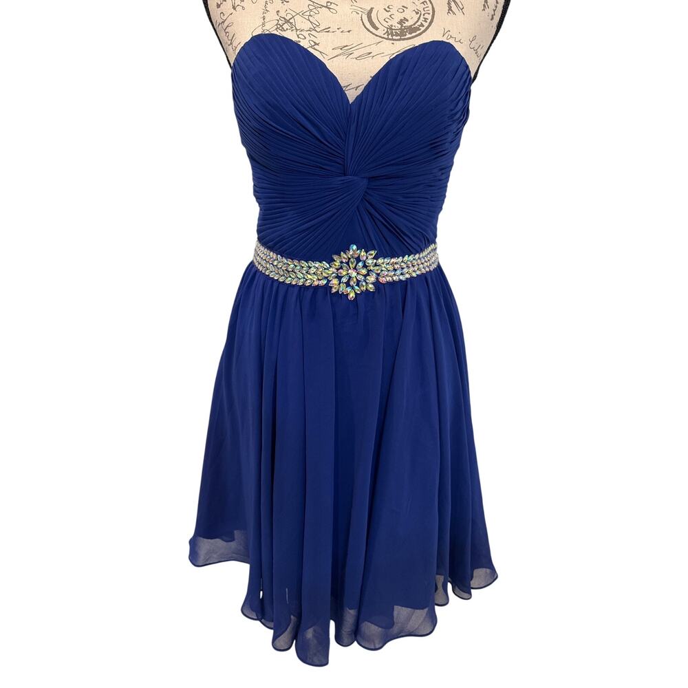 Cinderella Divine Navy Sleeveless Beddazzled Ruched Chiffon A-Line Short Dress 6